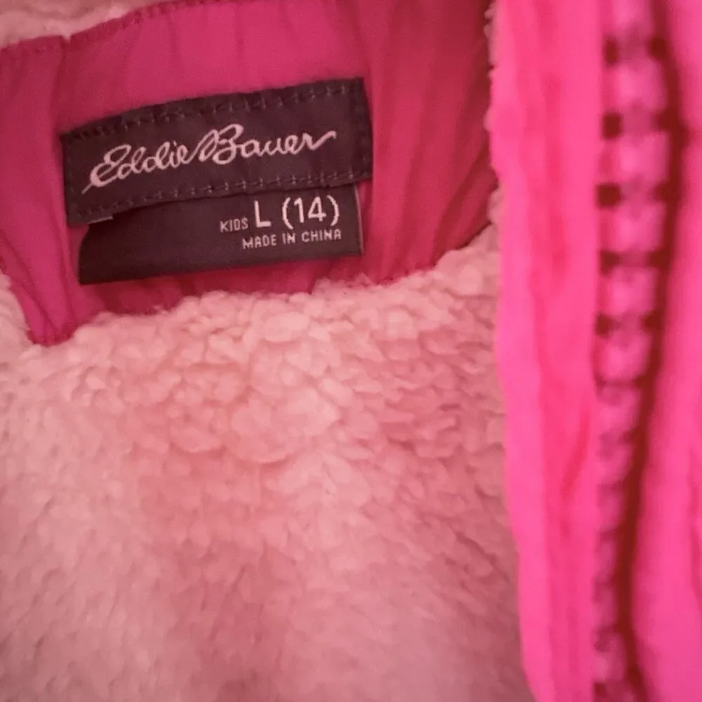 Eddie Bauer Down Parka Jacket Girls L (14) Pink Nylon Sherpa Lined Hooded